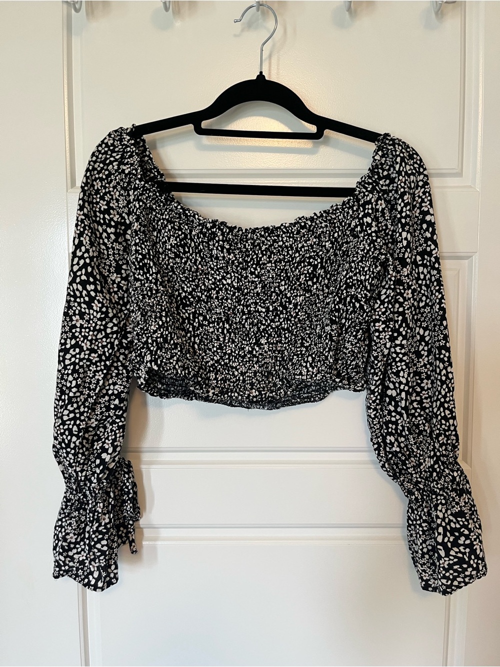 Dynamite Black and White Smocked Off-Shoulder Crop Blouse